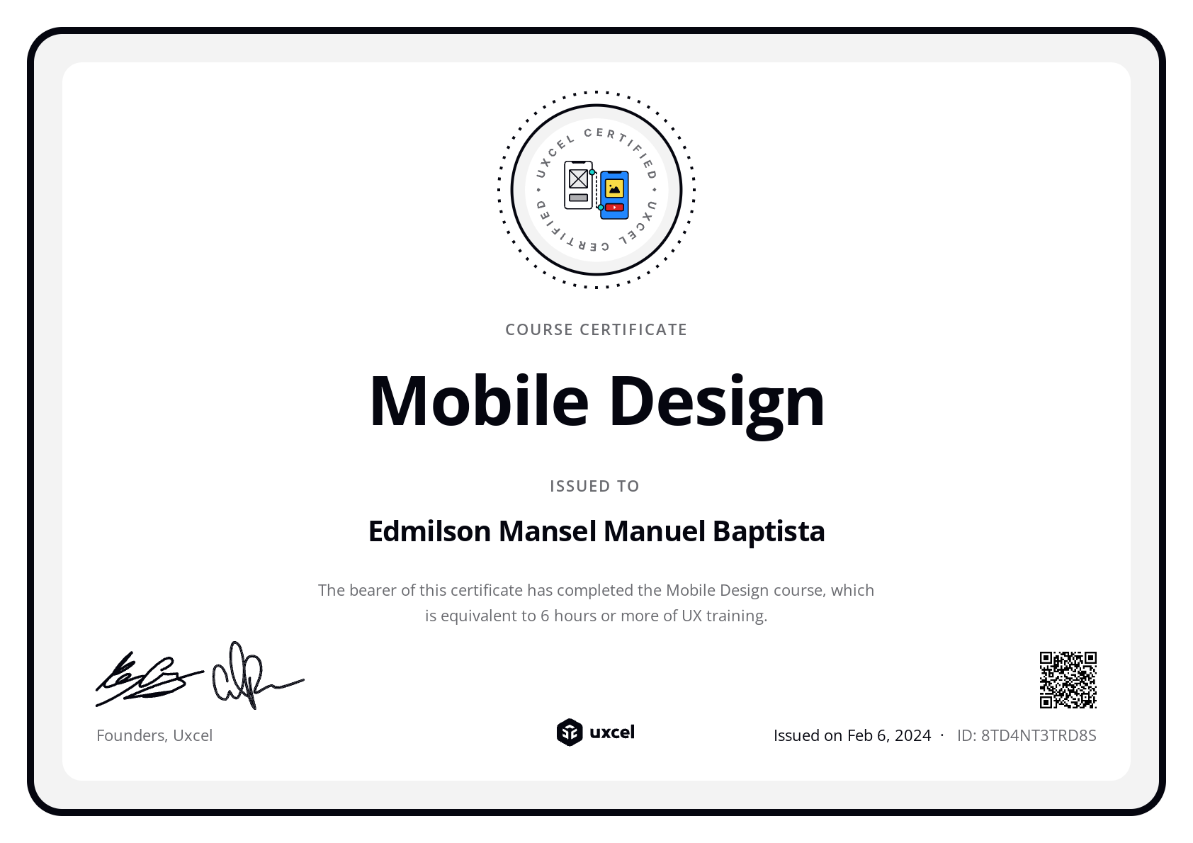 Edmilson Mansel Manuel Baptista's certificate
